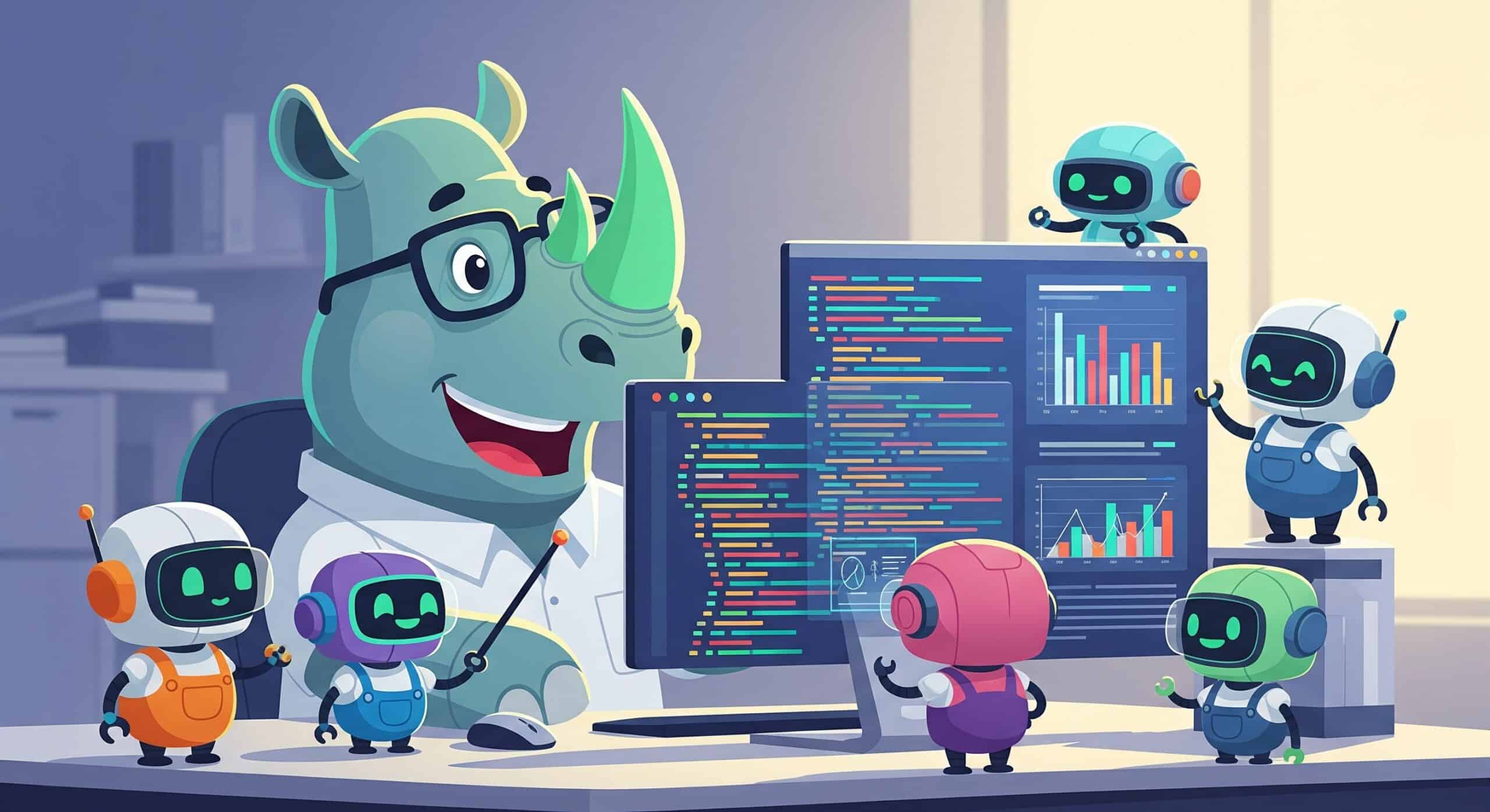 A friendly cartoon rhino developer confidently orchestrates small robot assistants at a computer. The robots help write code and organize data charts on the screen, illustrating an optimistic view of AI augmenting a developer's work
