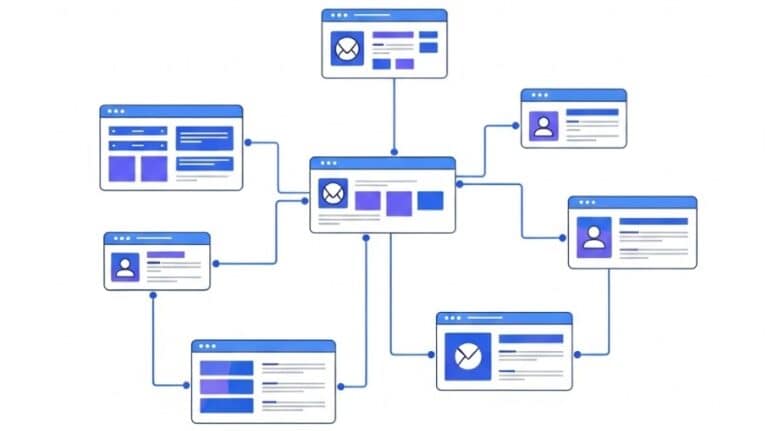 Archive 20 An abstract illustration of a digital sitemap, featuring interconnected glowing nodes and pathways in shades of blue and purple. The image represents the complex architecture and data flow of a modern website.