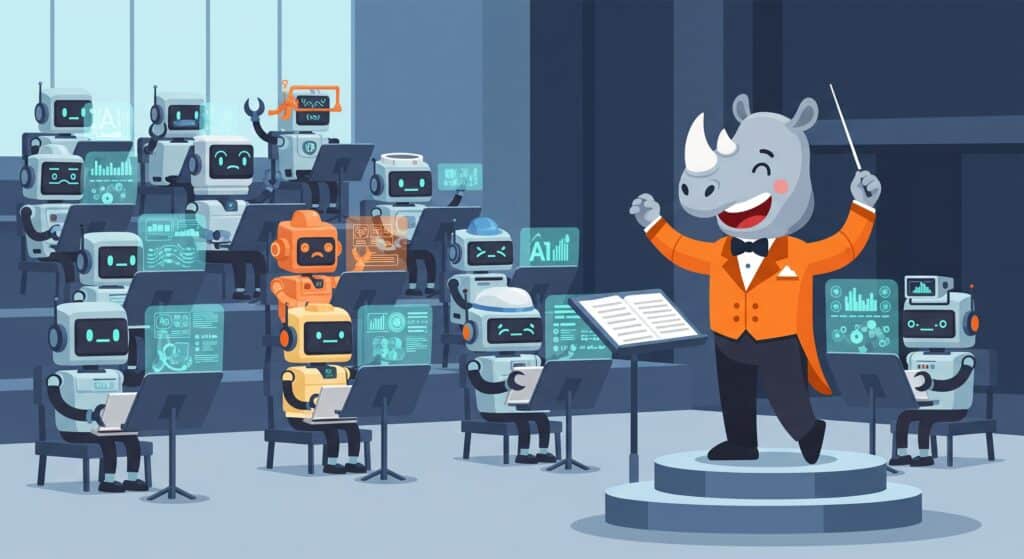 A cartoon rhino developer, dressed as a conductor, leads an orchestra of small robots. The robots sit in sections and use laptops and data interfaces instead of musical instruments, symbolizing a developer orchestrating various AI tools.