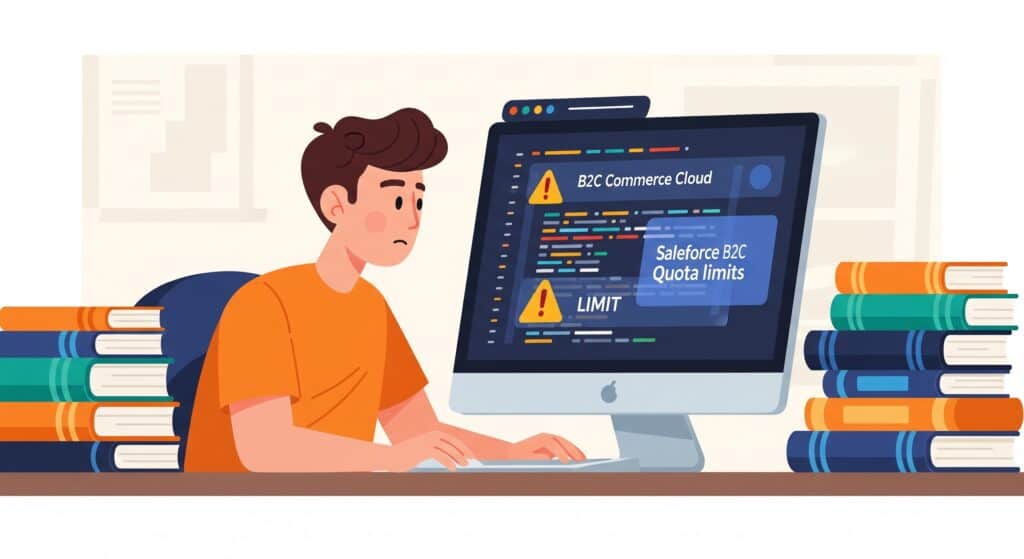A flat cartoon illustration of a developer looking intently at a computer screen that displays code and prominent warning signs about Salesforce B2C Commerce Cloud quota limits.