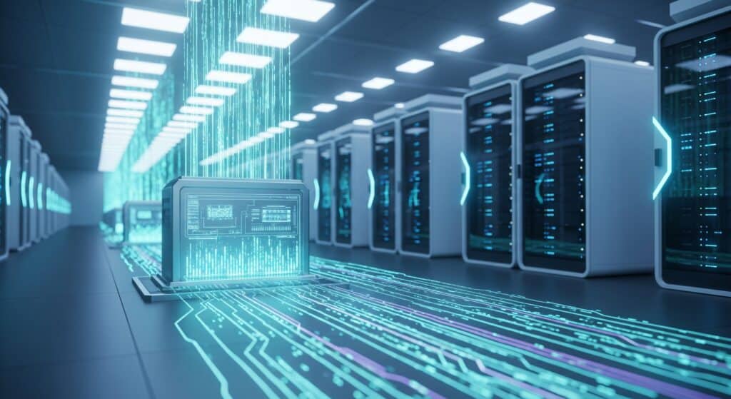 A conceptual image of a high-speed data cache, with glowing teal and violet lines of data flowing into a central processing unit in a futuristic server room, representing efficiency and performance optimization.