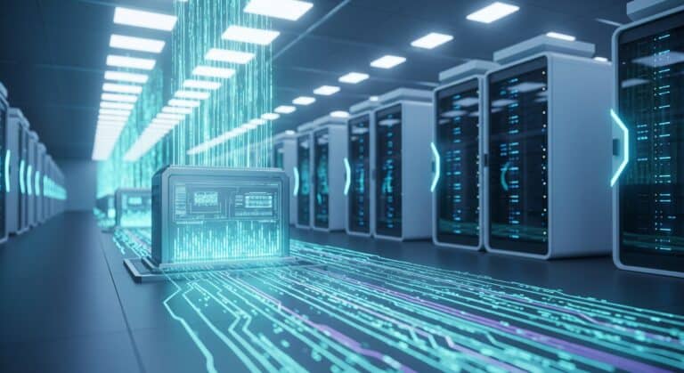 A conceptual image of a high-speed data cache, with glowing teal and violet lines of data flowing into a central processing unit in a futuristic server room, representing efficiency and performance optimization.