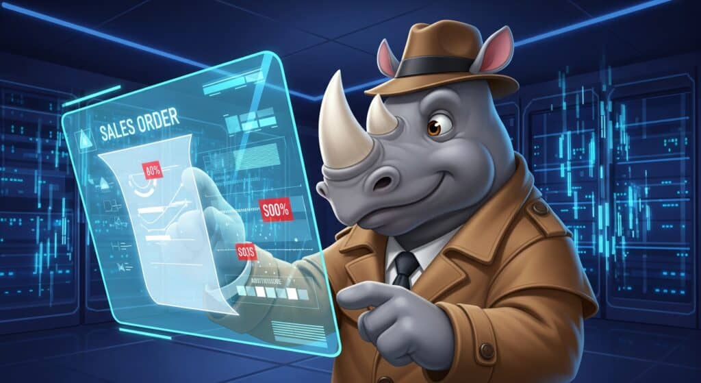 A cartoon rhino detective in a trench coat inspects a suspicious online order on a futuristic screen, symbolizing fraud detection in Salesforce B2C Commerce Cloud.