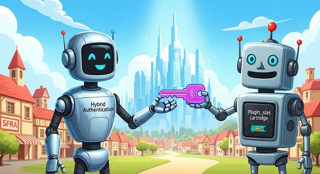 A classic-style robot labeled "plugin_slas cartridge" hands a glowing purple key to a sleek, modern robot labeled "Hybrid Authentication." They are standing on a path leading from a quaint town labeled "SFRA" to a futuristic city skyline, under a bright, sunny sky.