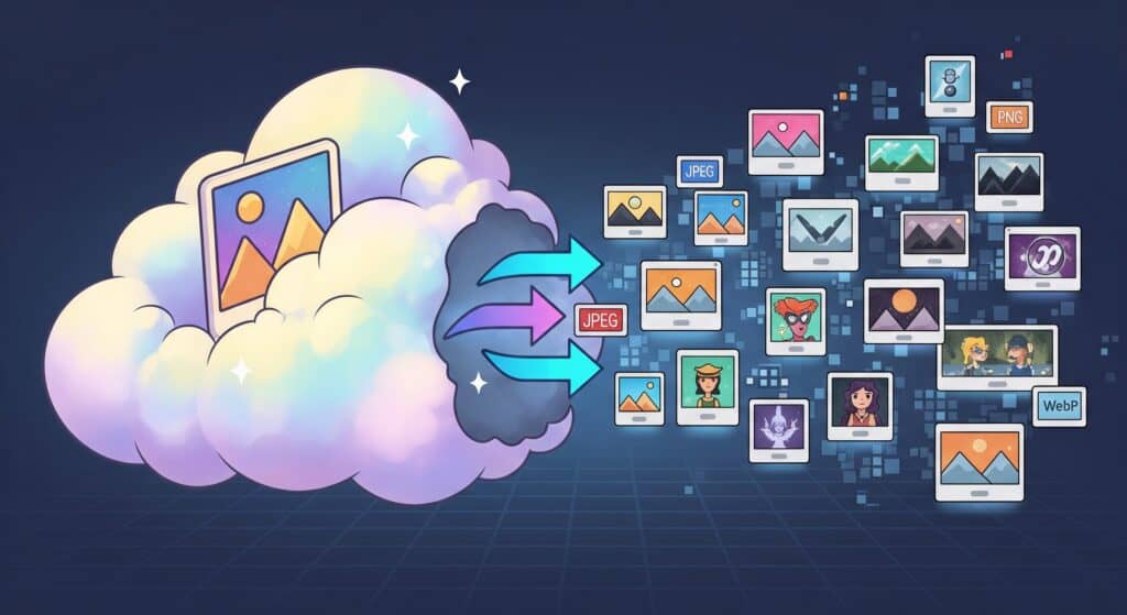 Home 3 A cartoon illustration of a stylized cloud dynamically processing images. A single, large, unoptimized image enters the cloud from the left, while multiple smaller, perfectly optimized images in various shapes, sizes, and formats (like JPEG, PNG, and WebP) exit the cloud on the right, with arrows indicating the transformation process.