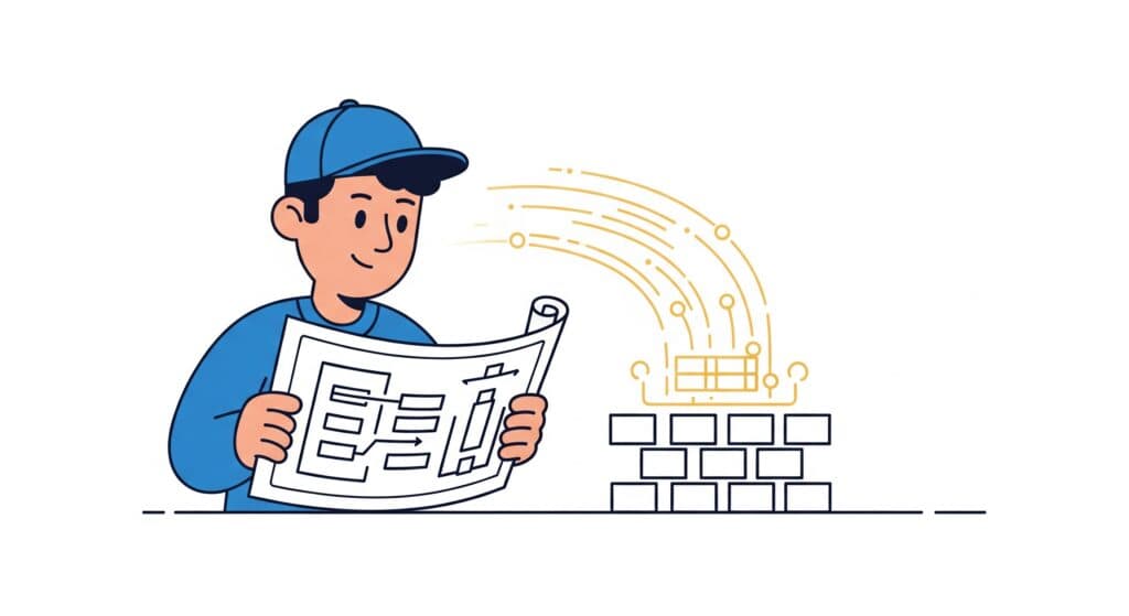 Field Guide to Custom Caches: Wielding a Double-Edged Sword 1 Image Alt Text: A friendly cartoon character in a flat vector style, building a data cache from a blueprint, with vibrant data lines flowing into the structure.