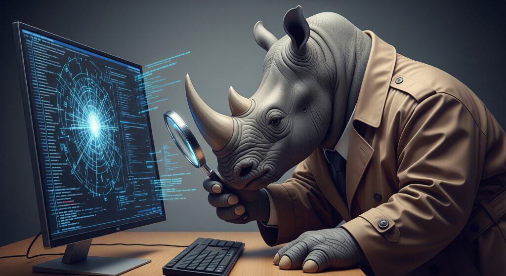 A rhino detective wearing a trench coat inspects lines of code on a computer screen with a magnifying glass, representing the hunt for an SFCC POD number.