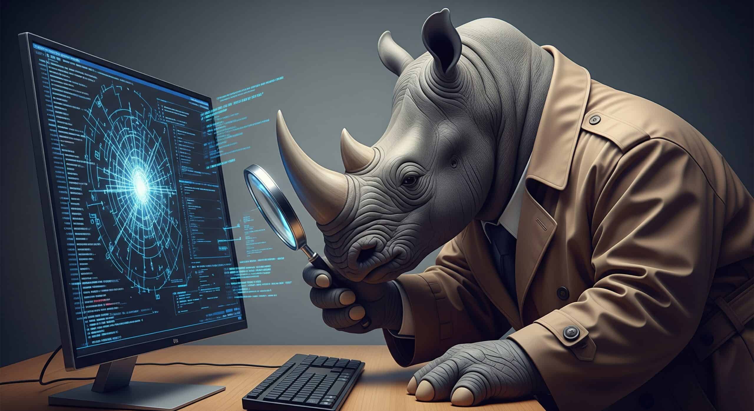 A rhino detective wearing a trench coat inspects lines of code on a computer screen with a magnifying glass, representing the hunt for an SFCC POD number.