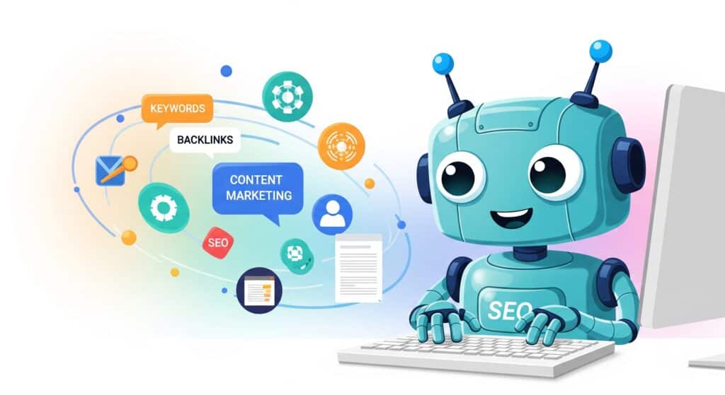 A friendly cartoon robot with blue accents sits at a computer, with various flat-design icons representing SEO concepts like keywords, content, and backlinks floating in the background.