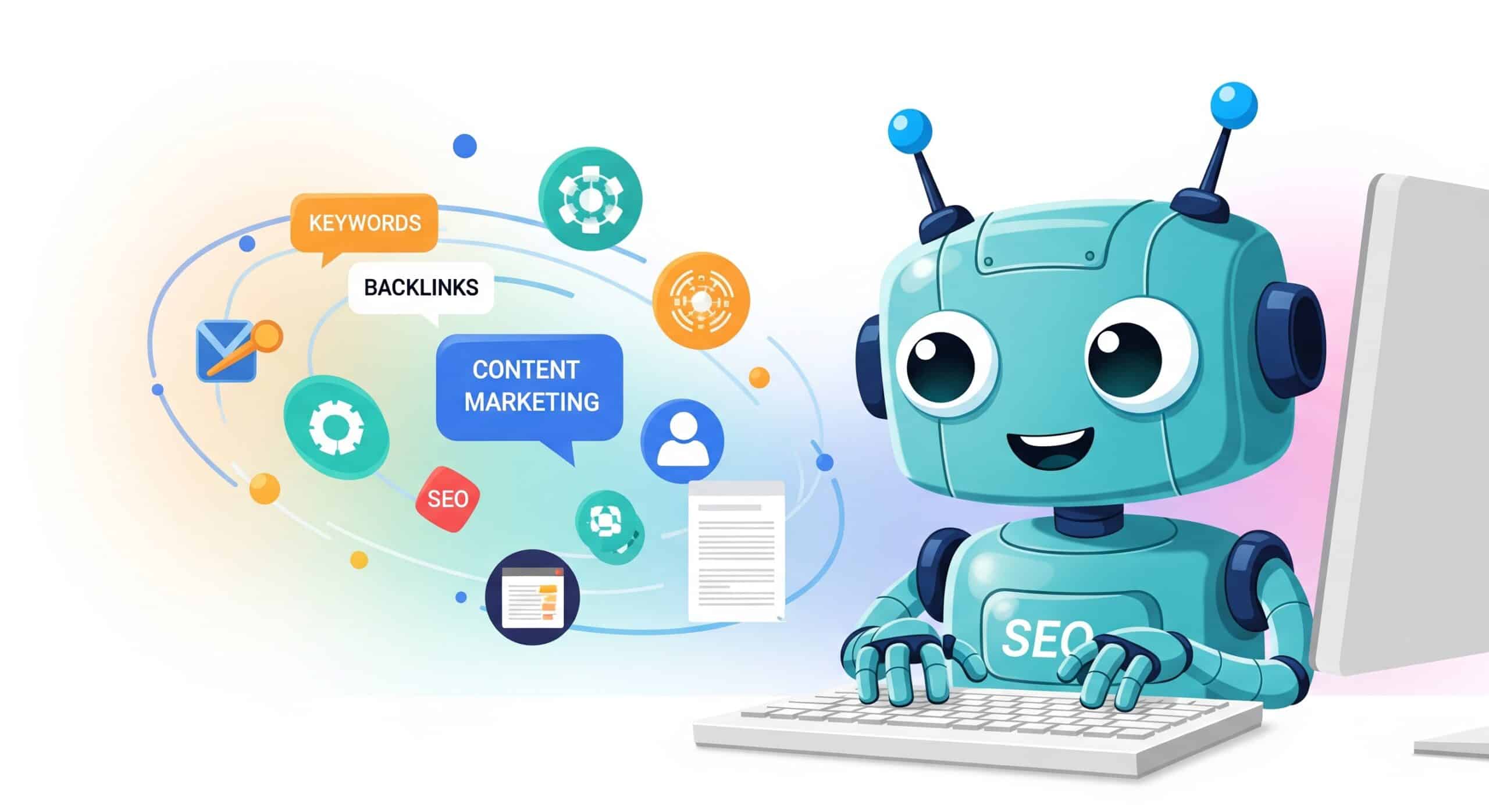 A friendly cartoon robot with blue accents sits at a computer, with various flat-design icons representing SEO concepts like keywords, content, and backlinks floating in the background.