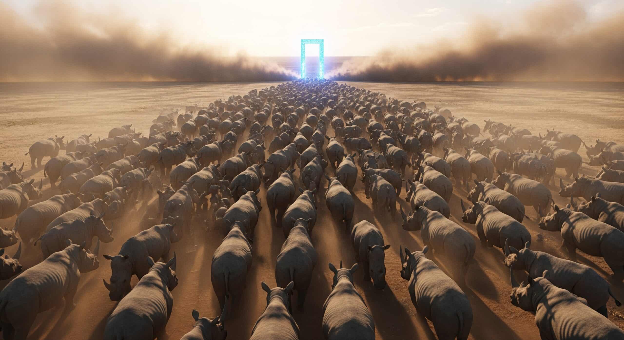 A digital illustration of a massive herd of rhinos stampeding across a dusty plain, creating a bottleneck as they funnel towards a single, narrow, glowing blue digital portal.
