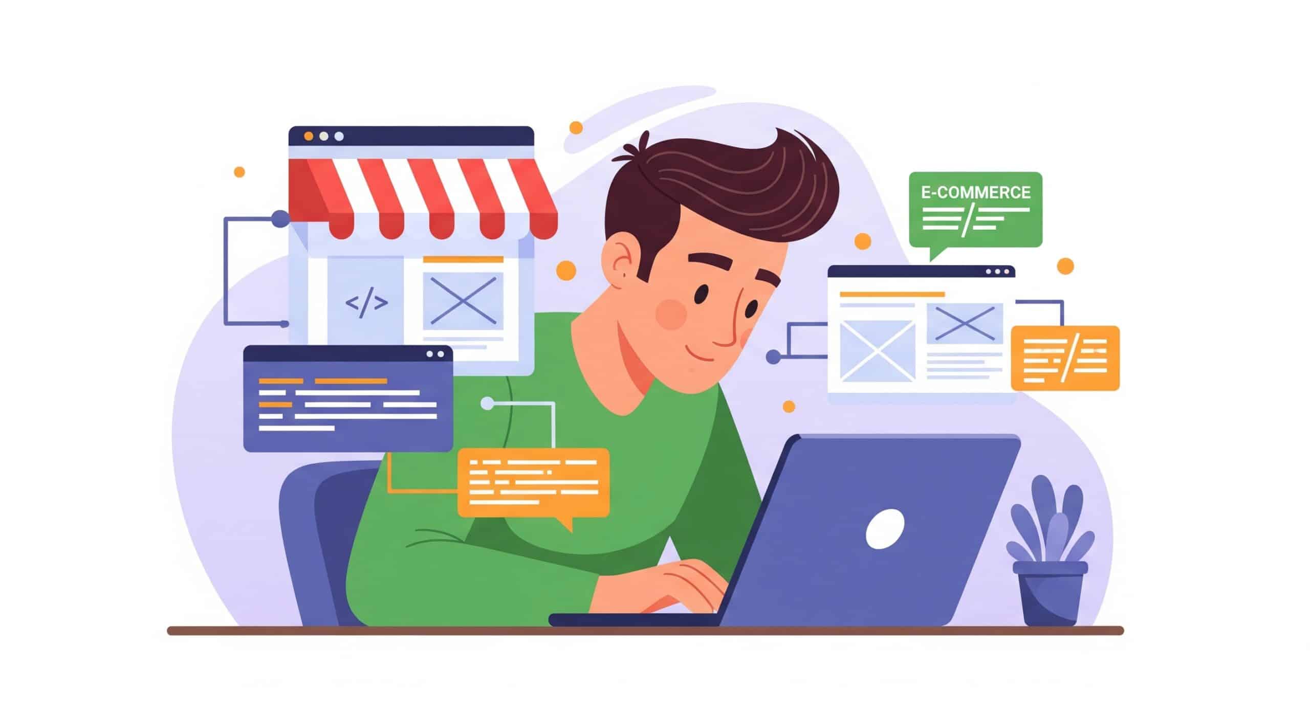 A flat cartoon illustration of a young male developer at his desk, working on an e-commerce platform on his laptop. Various UI elements like a storefront, charts, and product pages float around him, representing the digital creation process.