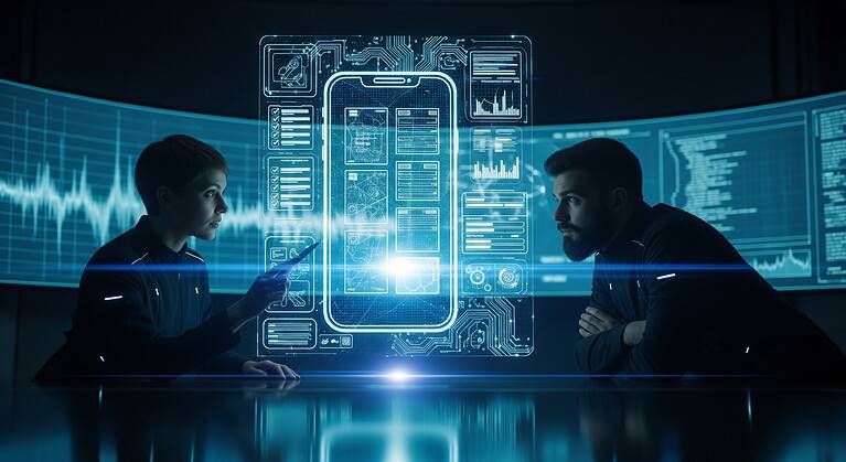 A man and a woman in a dark, futuristic control room intensely study a glowing blue holographic blueprint of a mobile app that hovers between them over a table. In the background, large screens display complex data streams.