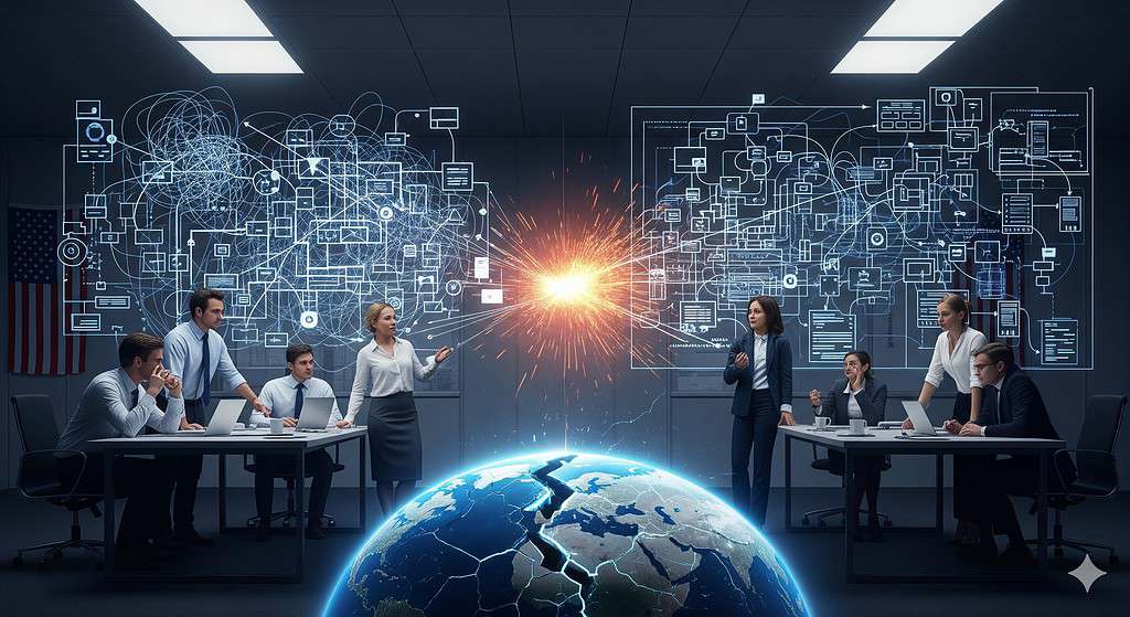 A 16:9 cinematic image showing two business teams in separate, modern offices on opposite sides. One office has a US flag. Both teams look stressed and frustrated as they are confronted with large, chaotic diagrams of business processes projected in the air. The two different diagrams collide violently in the center with a bright spark, directly above a cracked and broken image of the Earth, symbolizing a global business breakdown.