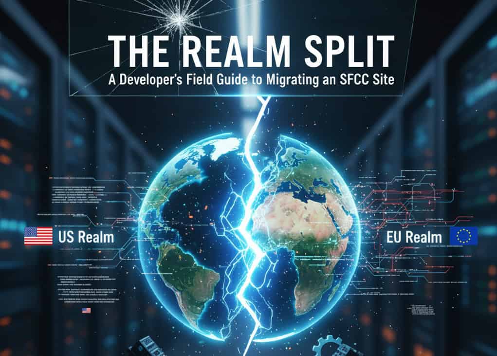 A conceptual image depicting an SFCC "Realm Split" set within a server room hallway. At the center, a glowing digital Earth is cracking in half along a bright blue fissure of energy, separating the Americas (labeled "US Realm") from Europe/Africa (labeled "EU Realm"). Below the splitting globe, broken digital components like servers and gears are falling. The title "The Realm Split: A Developer's Field Guide to Migrating an SFCC Site" is displayed at the top with a shattered glass effect.