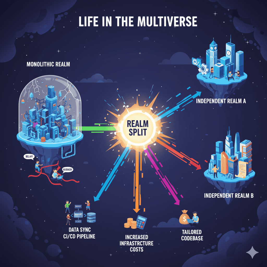 A cartoon-style illustration depicting a large, central digital structure breaking apart into several smaller, floating realms. Glowing streams of colorful data connect the new, separate realms, symbolizing their continued need for interconnectedness.
