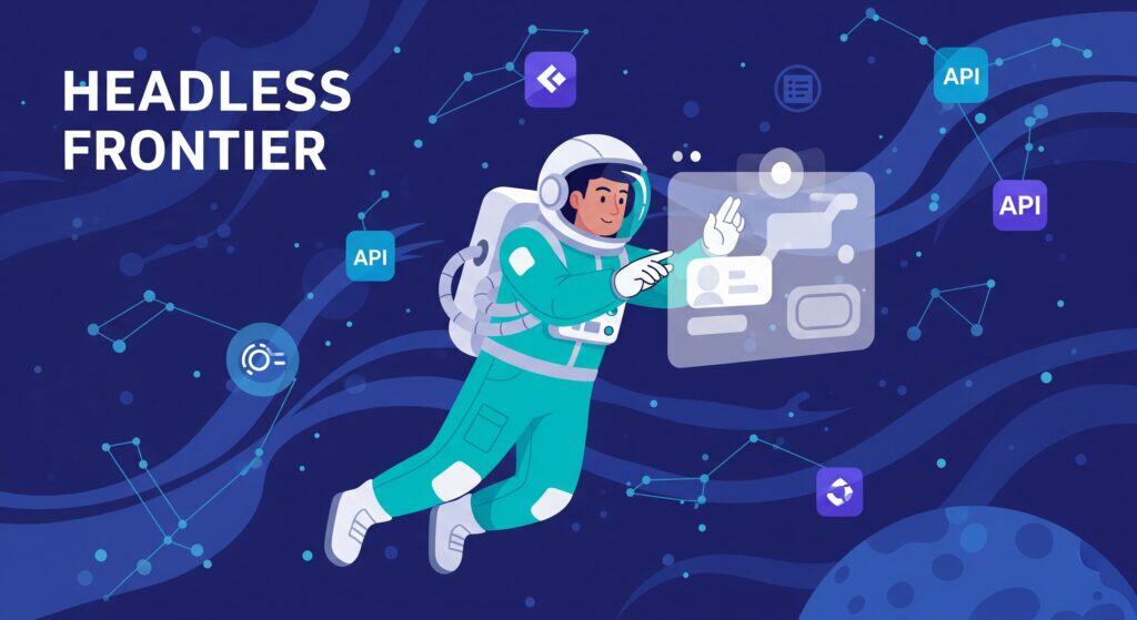 A cartoon astronaut developer floating in digital space and interacting with a detached user interface, representing the concept of headless commerce. The background features constellations of API icons.