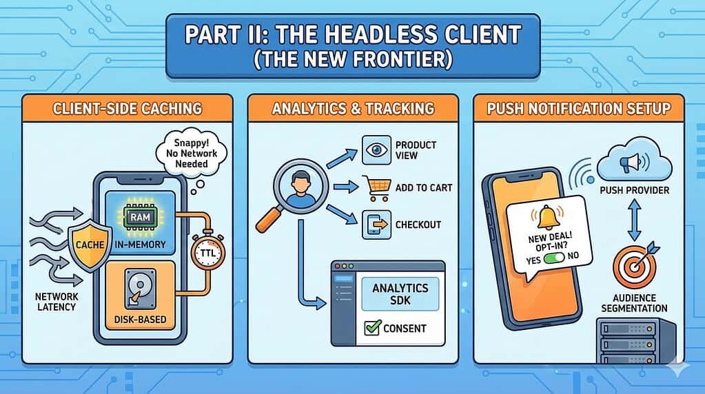 A cartoon infographic titled "PART II: THE HEADLESS CLIENT (THE NEW FRONTIER)". It has three panels. The left panel, "CLIENT-SIDE CACHING", shows a smartphone with RAM ("IN-MEMORY") and a hard drive ("DISK-BASED") protected by a "CACHE" shield from "NETWORK LATENCY" arrows. A timer ("TTL") is connected, and a bubble says "Snappy! No Network Needed". The middle panel, "ANALYTICS & TRACKING", shows a user icon with a magnifying glass, with arrows pointing to "PRODUCT VIEW", "ADD TO CART", and "CHECKOUT" icons, leading to an "ANALYTICS SDK" window with a "CONSENT" checkbox. The right panel, "PUSH NOTIFICATION SETUP", shows a smartphone with a "NEW DEAL! OPT-IN?" notification and a "YES/NO" toggle. A "PUSH PROVIDER" cloud sends a signal to an "AUDIENCE SEGMENTATION" target on a server rack. The background is a circuit board pattern.