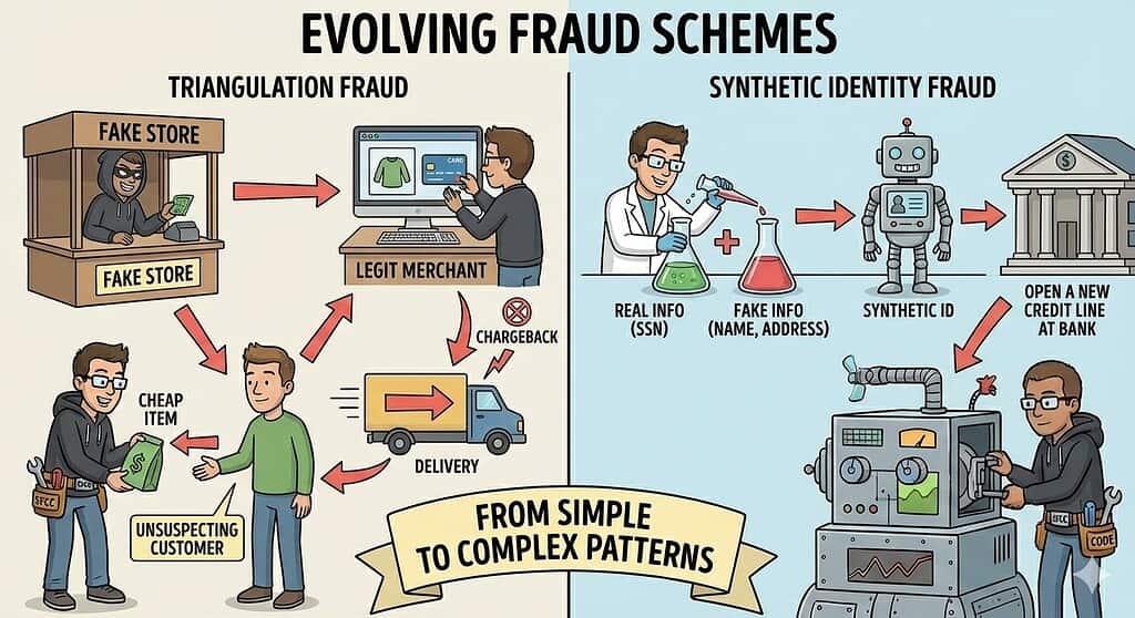 A cartoon illustration depicting complex fraud schemes. One section illustrates 'Triangulation Fraud' showing a circular flow between a fraudster, a legitimate merchant, and an unsuspecting customer. Another section depicts 'Synthetic Identity Fraud' as a figure assembling a fake persona using puzzle pieces labeled with different personal data points like 'SSN' and 'Name'.