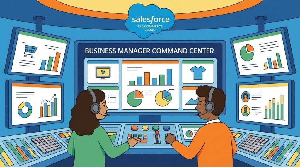 A flat-style cartoon illustration of a high-tech command center featuring two operators monitoring multiple screens of analytics and storefront data, symbolizing the Salesforce B2C Commerce Cloud Business Manager interface for this kickstart guide.