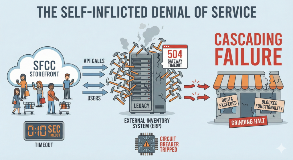 A cartoon infographic illustrating "The Self-Inflicted Denial of Service." On the left, users on an "SFCC Storefront" cloud generate "API Calls" and "Users" traffic towards a central server labeled "Legacy External Inventory System (ERP)." This server is being hammered by many hammers, is cracking, and emits smoke, with a "504 Gateway Timeout" error. Below it, a "Circuit Breaker Tripped" warning is shown. On the right, this leads to a "Cascading Failure" of a physical store building, which is crumbling with signs that read "Quota Exceeded," "Blocked Functionality," and a banner stating "Grinding Halt." A "0:10 Sec Timeout" timer is in the bottom left.