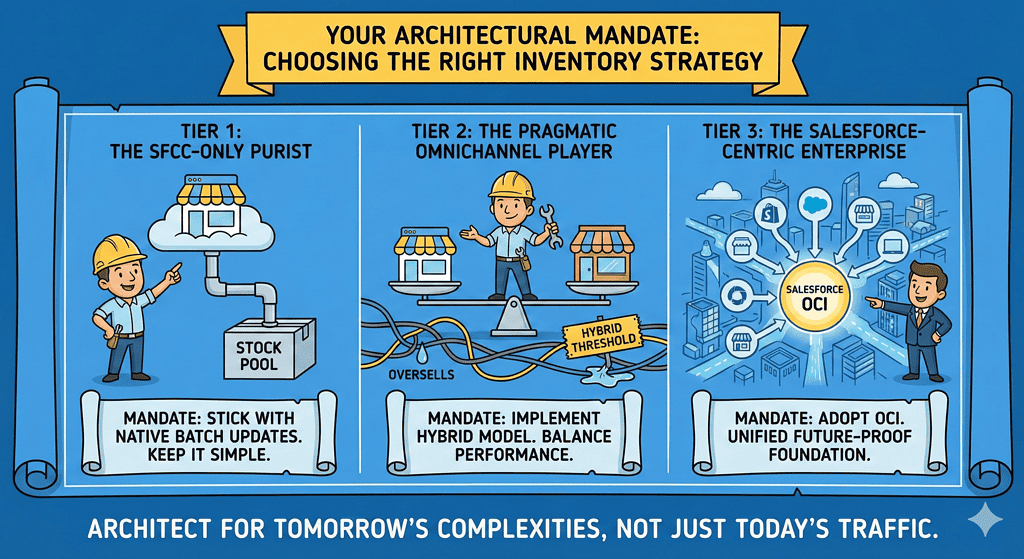 Infographic titled 'Your Architectural Mandate: Choosing the Right Inventory Strategy,' showing three tiers of inventory strategy with corresponding mandates for SFCC-only, pragmatic omnichannel, and Salesforce-centric enterprises.