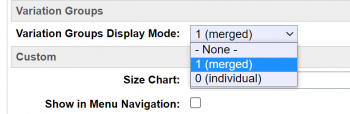 A screenshot of the Variation Group mode configuration on a catalog.