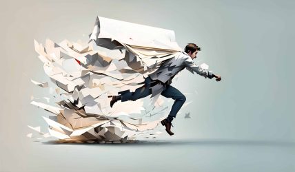 A sketch depicting a stack of papers transforming into a figure sprinting away.