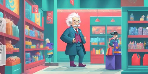 A drawing of Einstein standing in a store, wearing a green vest with a red tie and shoes. The store walls are painted red and green, with the shopping racks filled with clothes and perfume.